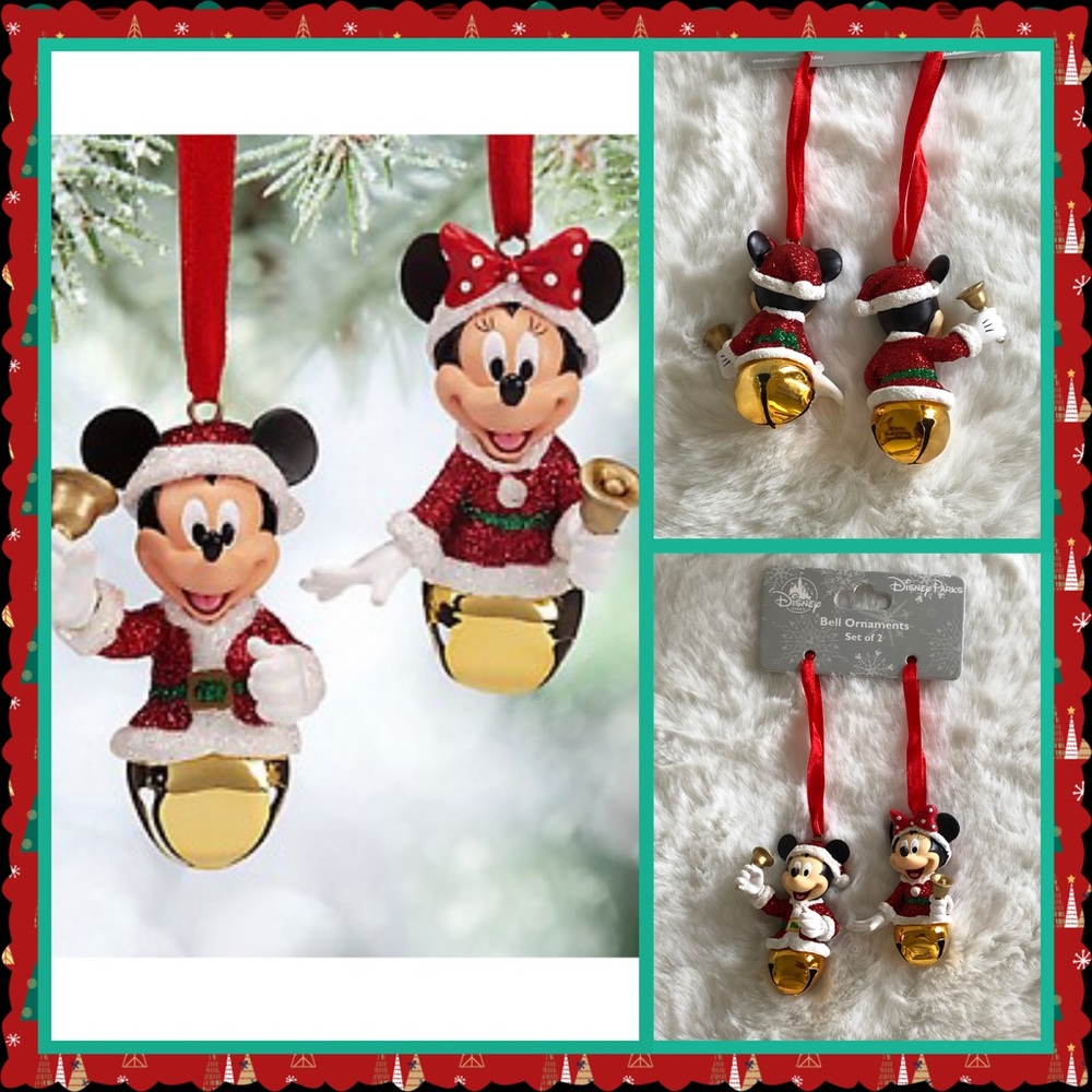 Disney Parks Santa Mickey and Minnie Christmas Bell Ornament Set